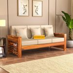 NEW MAMTA CRAFT Wooden 3 Seater Feltro Sofa | Three Seater Sofa for Living Room, Drawing Room, Hall & Bedroom with Base Cushion | Solid Wood Sheesham, (40 Density Cushion,Honey Finish Beige Cushion)