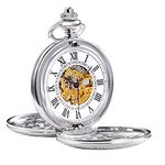 TREEWETO Men's Retro Half Hunter Mechanical Pocket Watch Silver Case Roman Numerals with Box