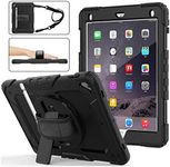 iPad 5th/6th Generation Cases with Screen Protector& Pencil Holder, iPad Air 2/ Pro 9.7 Case,Rugged Protection Shockproof Case for Kids with Stand, Hand Strap& Shoulder Strap,iPad 9.7 2018/2017-Black