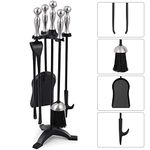 Amagabeli 5 Pieces Fireplace Tools Sets Silver Handles Wrought Iron Fire Place Tool Set Iron Log Holder Fire Pit Stand Fire Tongs Shovel Chimney Poker