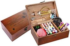 Sewing Kit, Wooden Sewing Kit Box for Adults, Wooden Sewing Basket with Accessories, Home Sewing Basket Stitching Repair Kit for Beginner, Women, Men,Vintage Embroidery Scissors Kit (Retro Brown)