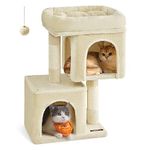 Feandrea Cat Tree, 67 cm Cat Tower, S, Cat Condo for Kittens up to 3 kg, Large Cat Perch, 2 Cat Caves, Scratching Post, Beige PCT611M01