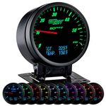 GlowShift 3in1 Analog 60 PSI Boost Gauge Kit with Digital 2200 F Pyrometer Exhaust Gas Temp EGT & 300 F Temperature Readings - 10 Selectable LED Colors - Black Dial - Clear Lens - 2-3/8" 60mm