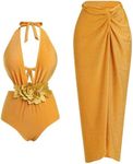 One Piece Bathing Suit with Matching Sarong Halter Floral Sexy Swimsuit Cover Up Flattering Monokini Maxi Skirt, Gold Flower (2pcs), Small