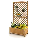 TANGZON Wooden Planter with Trellis, Freestanding Raised Garden Bed for Vine Climbing Plant Flower, Outdoor Elevated Trough Planter Support Box (without Hanging Roof, Natural, 90 x 45 x 180cm)