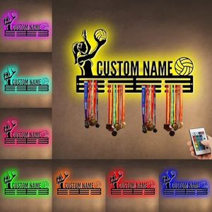 XIAO.Z Metal Volleyball Medal Hanger Holder Display Rack for Awards Ribbons With Led Light - Custom Sports Medal Holder for Wall, Award Rack With Name