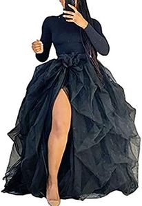 Womens Tulle Tutu Long Skirt High Waist Split Floor Length Layered Dress Wedding Night Out Party A-Line Puffy Skirt, Black, One Size