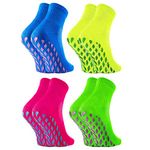 Rainbow Socks - Women Neon Sneaker Sport Glitter Non Slip - 4 Pairs - Yellow Green Fuchsia Cornflower - Size 4-6