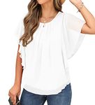 Qixing Summer Casual Loose Round Neck Chiffon Flowy Tops Blouses for Women White-X-L