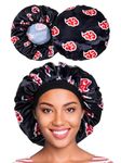 Red Black Large Silky Design Anime Bonnet with Elastic Soft Band Adjustable Women and Men, Comfortable Satin Fabric, Black Red, Medium