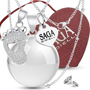 SAGA GIOIELLI Stainless Steel Angels Calling Bola Necklace with Crystals and Foot Pendant, Stainless Steel