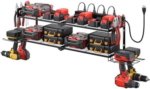 CCCEI Large Garage Tools Storage with Charging Station. Power Tool Battery Organizer Utility Shelf with Power Strip. 4 Drills Holder Wall Mount Rack.