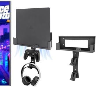 BracNova Wall Mount for PS4 Slim,Steel PS4 Slim Mount Includes Detachable Controller Holder and Headphone Stand-Safely Store Your PlayStation 4 Slim Console Near or Behind Your TV