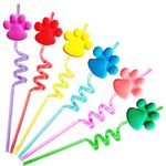 Paw Straws Birthday Party Decorations Supplies, 24pcs Paw Print Patrol Reusable Plastic Fun Cute Crazy Silly Drinking Straws+2pcs Cleaning Brush for Pet Dog Puppy Pals Cat Birthday Suppliers Favors