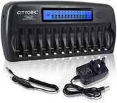 CITYORK 12 Bays Smart Battery Charger, AA, AAA, Ni-MH, Ni-CD Rechargeable Batteries Charger with Intelligent LCD Display, Build-in IC Protection