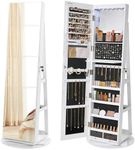 SONGMICS 6 LEDs Lockable Mirror Jewelry Cabinet, 360° Swivel Jewelry Organizer Armoire Standing, Frameless Full-Length Mirror, 3 Storage Shelves, Christmas Gifts, White Surface Black Lining UJJC007W01