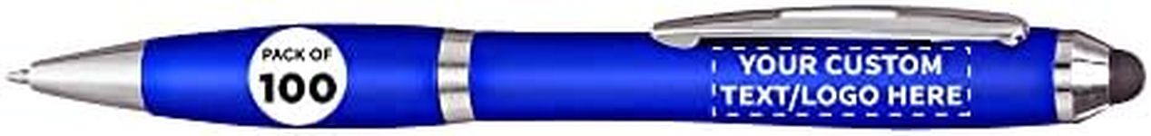 DISCOUNT PROMOS Custom Plastic Stylus Pens Set of 100, Personalized Bulk Pack - Black Ink, Great for Office, School, Business, Tradeshows, Events - Blue