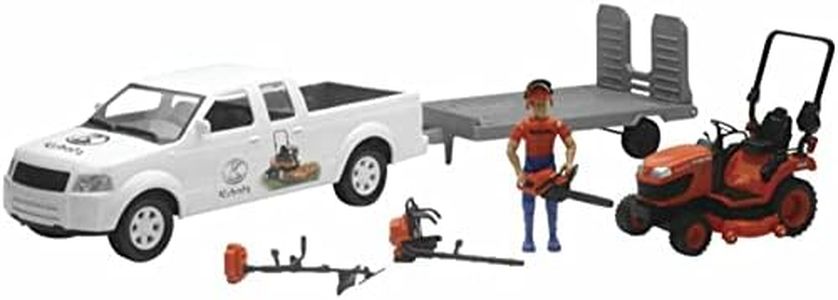 Kubota 1/18 Pickup Truck and Trailer w Mower, Figure & Accessories by New Ray