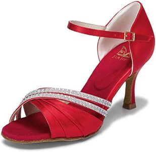 JIAJIA 20524 Women's Satin Sandals Flared Heel Latin Salsa Performance Dance Shoes Color Red,Size 5 B(M) US/35 EU