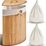 Corner Bamboo Laundry Hamper with Lid and Removable Liner Bamboo Laundry Basket with Handle Corner Hamper Bamboo Hamper Washing Clothes Basket Storage Bin for Bedroom Bathroom Laundry Room (Carbon)