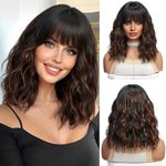 UEVIES Short Wavy Black with Highlight Brown wig Synthetic Hair Wigs with Bangs Natural Shoulder Length Bob Wig For Women Daily Party Cosplay-16 Inches