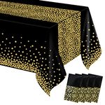 MOKANI Plastic Disposable Tablecloths, 4 Pack Party Table Cover, Black and Gold Dot Confetti Rectangular Table Cloths for Parties, Halloween, Christmas, Birthday Baby Shower Decorations 54"x 108"