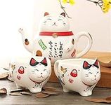 EatingBiting?R?Charming Traditional Culture Japanese Design Maneki Neko Lucky Cat Ceramic teapot 1 Tea Pot and 2 Cups Set Package Gift Box Excellent Home Decor Asian Living Gift Chefs coffee miketea