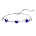 Qings 3 Heart Sapphire Birthstone Bracelet for Women Sterling Silver 925 September Infinity Symbol Adjustable Link Bracelets with Cubic Zirconia Charms Friendship Family Birthday Gifts for Girls Her