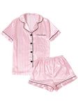 LYANER Women's Striped Silky Satin Pajamas Short Sleeve Top with Shorts Sleepwear PJ Set, Pink, Medium