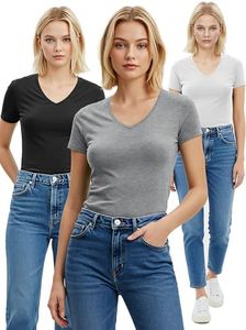 Emmalise Women's Plain Short Sleeve V Neck T Shirt(3P-Blk/Hgry/Wht-1X)