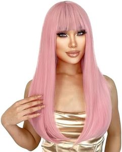 QAUARUMSUN Long Pink Straight Wig with Bangs Light 26 Inch Pink Wigs for Women Pastel Wig for Grils Charming SyntheticCosplay Wig for Party Halloween Daily