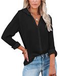 Diosun Womens Button Down V Neck Shirts Long Sleeve Office Casual Business Plain Blouses Tops(S, Black1)