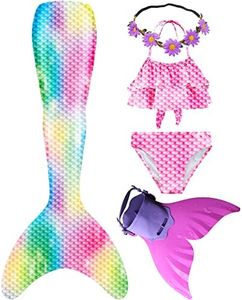 Wfundeals Mermaid Tails for Swimming with Monofin Swimsuit Costume Cosplay, Princess Bikini Set, Multicolored Rainbow, 10-13 Years