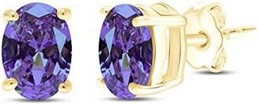 AFFY 8X6MM Oval Shape Birthstone Simulated Amethyst Solitaire Stud Earrings With Friction Back for Women In 14K Yellow Gold Over Sterling Silver (VVS1- VVS2 Clarity)