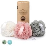 Shower Loofahs - 3 Pack Natural Recycled Shower Pouf Set for Men and Women - Exfoliating Body Scrubber for Bath - Shower Puff/Shower Scrunchie for Dead Skin Removal - Coral Pink