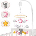 Zusentee Cot Mobile, Baby Mobile for Cot with Soothing Music, Cot Mobiles for Babies with Animals & Stars, Hanging Rotating Baby Crib Mobile with Adjustable Arm, Pink Moon