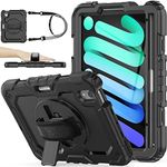 SEYMAC stock Case for iPad Mini 6th Generation 8.3'', [Full-Body] Drop Proof Armor Case with 360° Rotating Stand [Pencil Holder][Screen Protector] Hand Strap, Black