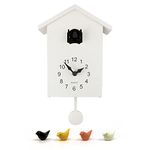 WALPLUS Minimalist Cuckoo Clock with Removable Pendulum – Modern Birdhouse Design with Soft Chimer Cuckoo Sound, Battery Operated Wall Clock for Home Décor - [White Cuckoo Clock Black Window]