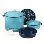 Cinsa Tamale making party set (6 pcs) 34 qt Steamer with lid & trivet, 5 qt dutch oven, 5.5 qt multiuse dish pan and tamale masa spreader tool. Essential cookware for tamale preparation.