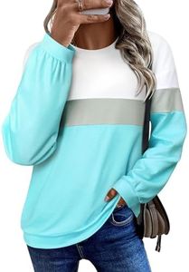 Dresswel Patchwork Sweatshirt Women Long Sleeve Pullover Tops Round Neck Casual Lightweight Tunic Sweat Shirts No Hood, Blue L
