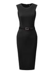 Allegra K Belted Sheath Dress for Women's Round Neck Sleeveless Casual Office Dresses Black M