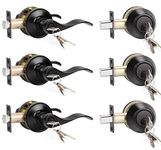 KNOBWELL 3 Pack Exterior Door Lock Set with Deadbolt Front Door Entry Lever Lockset with Single Cylinder Deadbolt, Aged Matte Black - Keyed Alike