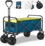 Ribitek Collapsible Folding Wagon, Heavy Duty Foldable Wagon with 400lbs Weight Capacity, Beach Wagon with Big Wheels & 2 Cup Holders, Utility All-Terrain Wagon for Sand, Garden, Shopping Blue