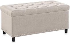 BELLEZE 35 Inch Button-Tufted Ottoman Linen Storage Bench with Safety Close Hinge for Living Room, Entryway, Hallway, Foot Rest, Support 300lbs - Beige