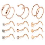 D.Bella 15PCS 20G Stainless Steel Nose Screw Nose Stud Nose Hoop Rings for Women Men Nose Lip Piercing Set - Rose gold