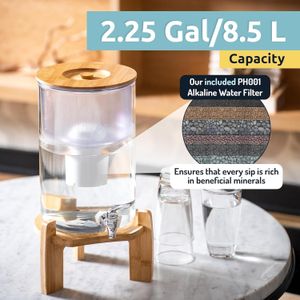 pH Recharge Glass Alkaline Water Filter Dispenser – 2.25 Gallon Countertop Jug, Removes Fluoride & Chlorine