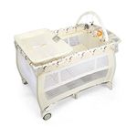 Maxmass 3-in-1 Baby Travel Cot, Foldable Infant Crib with Changing Table, Storage Shelves, Carry Bag and 3 Hanging Toys, Bedside Bassinet for Newborn Toddlers (Beige)