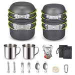 G4Free Camping Cookware Mess Kit 19 Piece Hiking Backpacking Picnic Cooking Bowl Non Stick Pot Pan Knife Spoon Set 19PCS (Green)