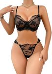 Lilosy Sexy Floral Embroidered Flower Mesh Underwire Push Up Lingerie Set, Leaf Black, Large