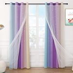 Anjee Cutout Star Curtains for Girls 2 in 1 Double Layer Light Blocking Ombre Window Blackout Drapes with Sheer Voile for Living Room Kids Bedroom 2 Panel Sets,52 x 63 inches Long, Blue Purple Yellow